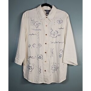 Vintage Women's Koret White Embroidered Blouse Jacket 3/4 Roll Up Sleeve Size M